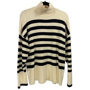 Zara Womens Medium Striped Turtleneck Sweater Cream Navy Long Sleeve Chunky Knit